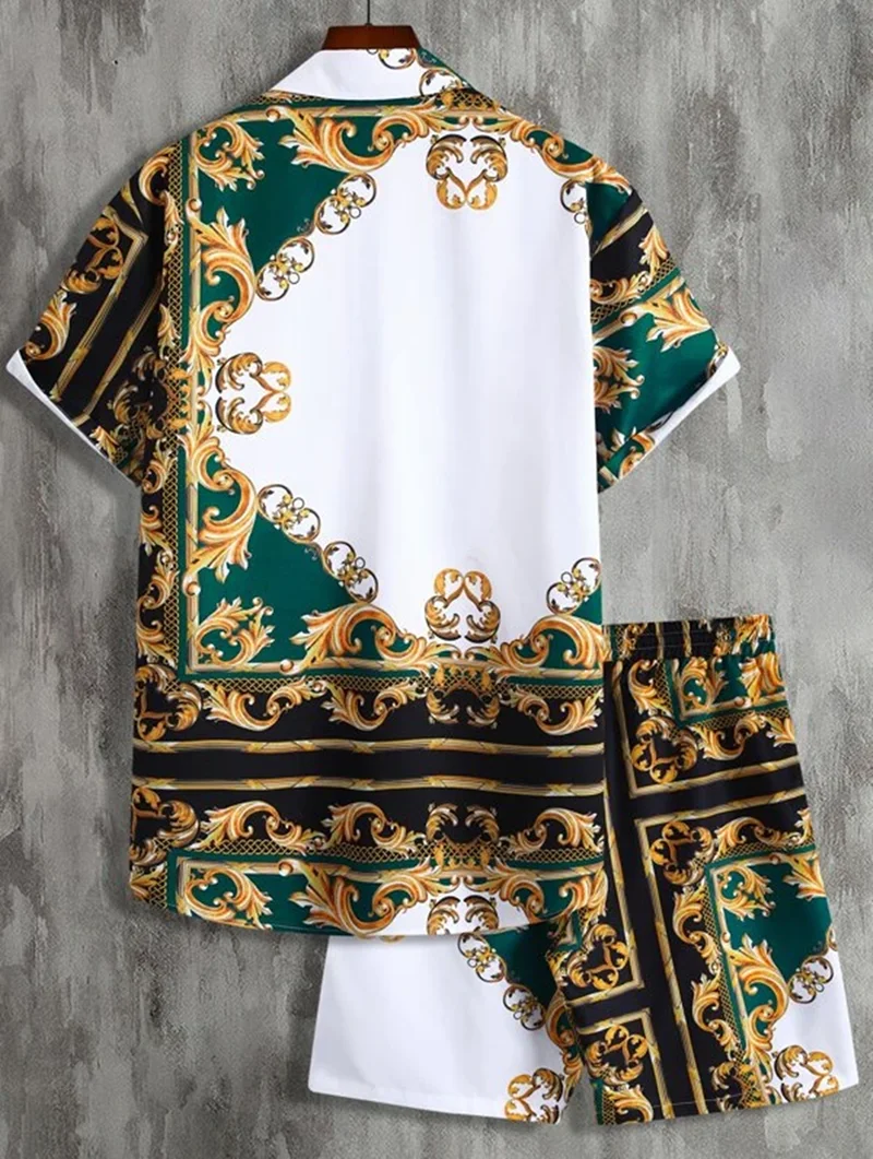 2023 Men Sets Print Patchwork Lapel Short Sleeve Casual Shirt Beach Shorts Summer Sports Vacation Hawaiian Suits Men Clothing