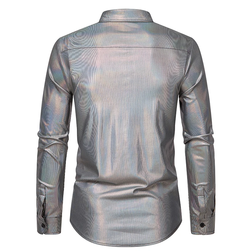 Silver Metallic Giltter Dress Shirts Men 2022 New 70's Disco Party Halloween Costume Shirt Mens Club Stage Performance Chemise