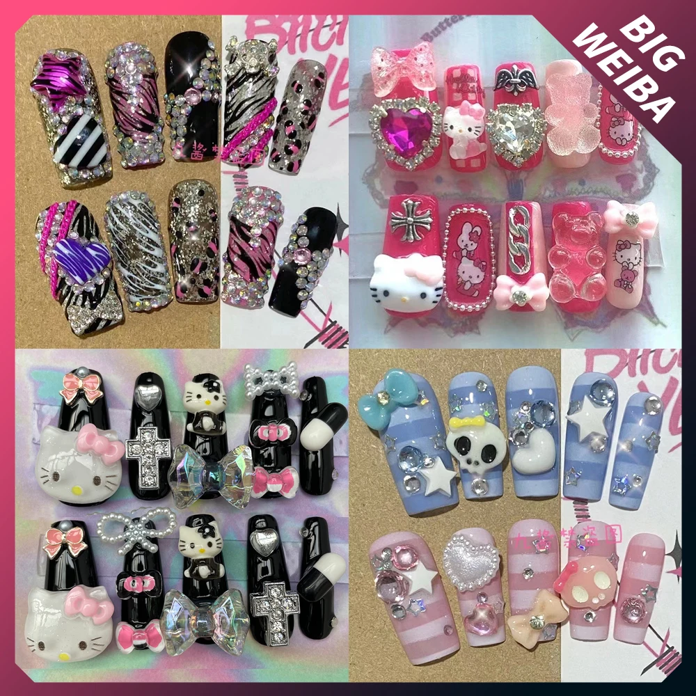 

Customizable Y2K Diamond Star Hello Kitty Nails Slice Cartoon Kawaii Cute Handmade Long Coffin Stilettos Manicure False Nails