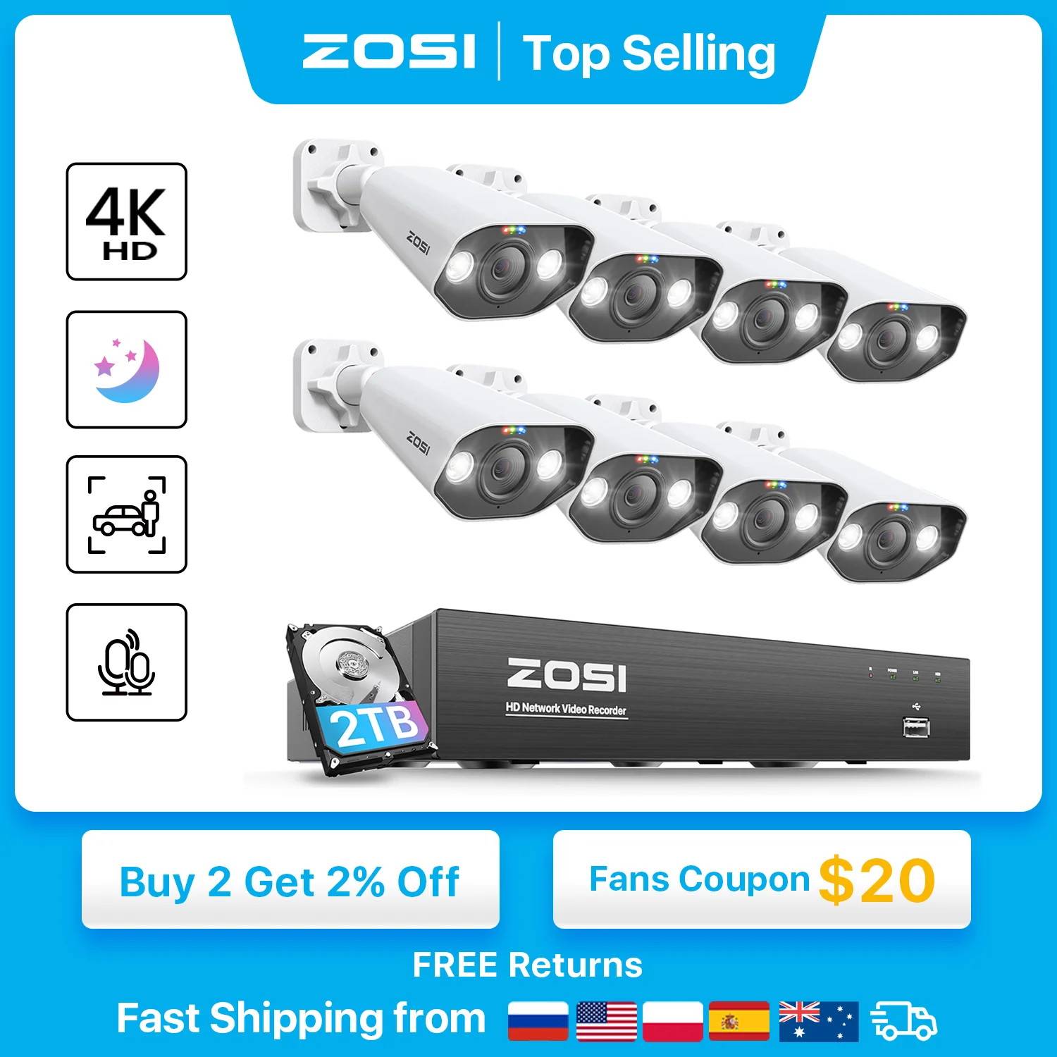 Kit Di Videosorveglianza Zosi 8Ch Poe 4K 8Mp 5Mp Telecamere Ip Per Esterni Super Hd Ai Starlight Night Vision Sistema Di Telecamere Di Sicurezza Cctv