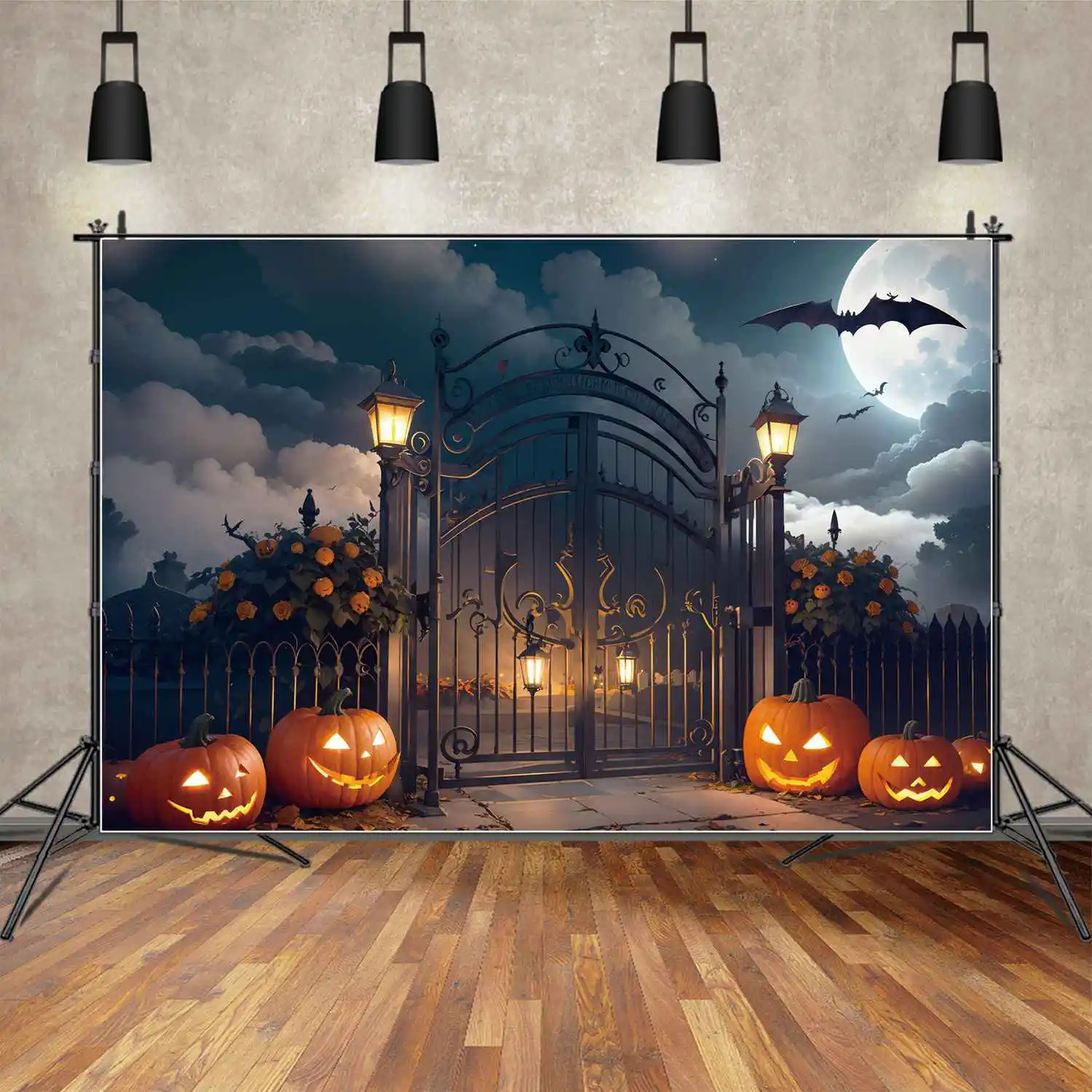 

MOON.QG Photography Backdrop Halloween Cemetery Pumpkin Lantern Arch Photo Booth Background Custom Baby Party Photographic Props