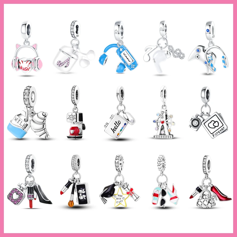 

100% 925 Sterling Silver Pink Color Charms Beads Butterfly Rose Pansy Flower Pendant Fit Pandora Bracelet Necklace Jewelry Women