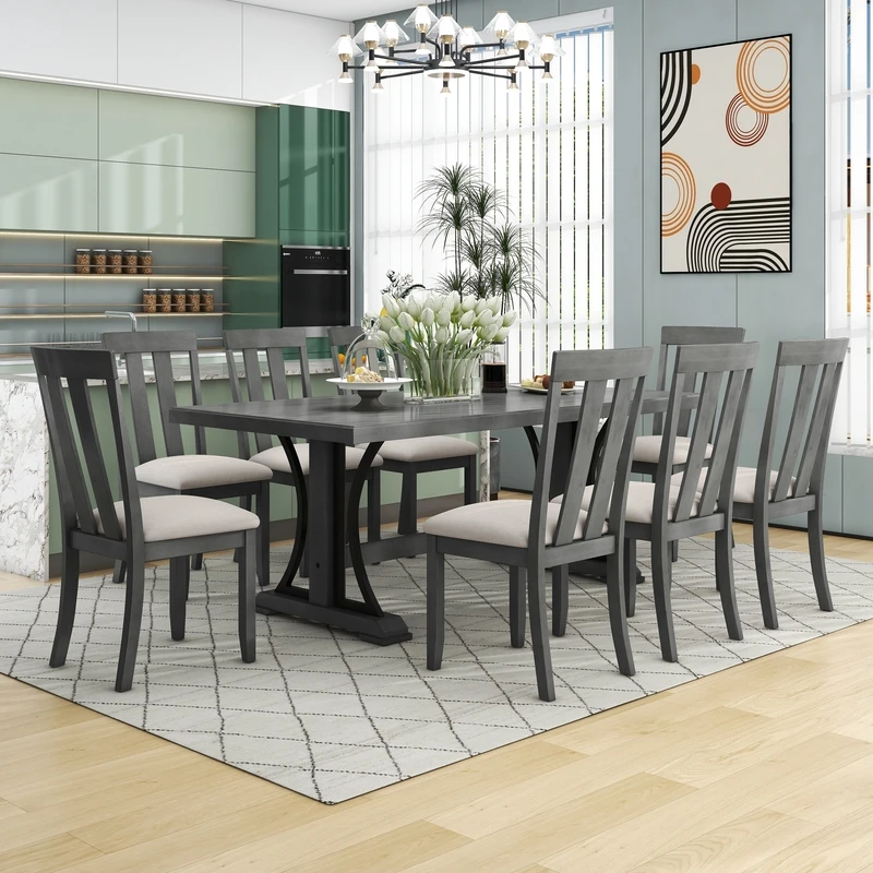 Juego de mesa comedor de madera maciza de 9 piezas, incluye mesa Rectangular y 8 sillas de comedor para comedor, fácil montaje (gris)| | - AliExpress