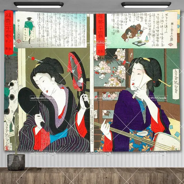 Tapisserie murale vintage japonaise, femme Kawaii criant au chat mangeant des aliments, peinture esthétique, décoration de chambre 5