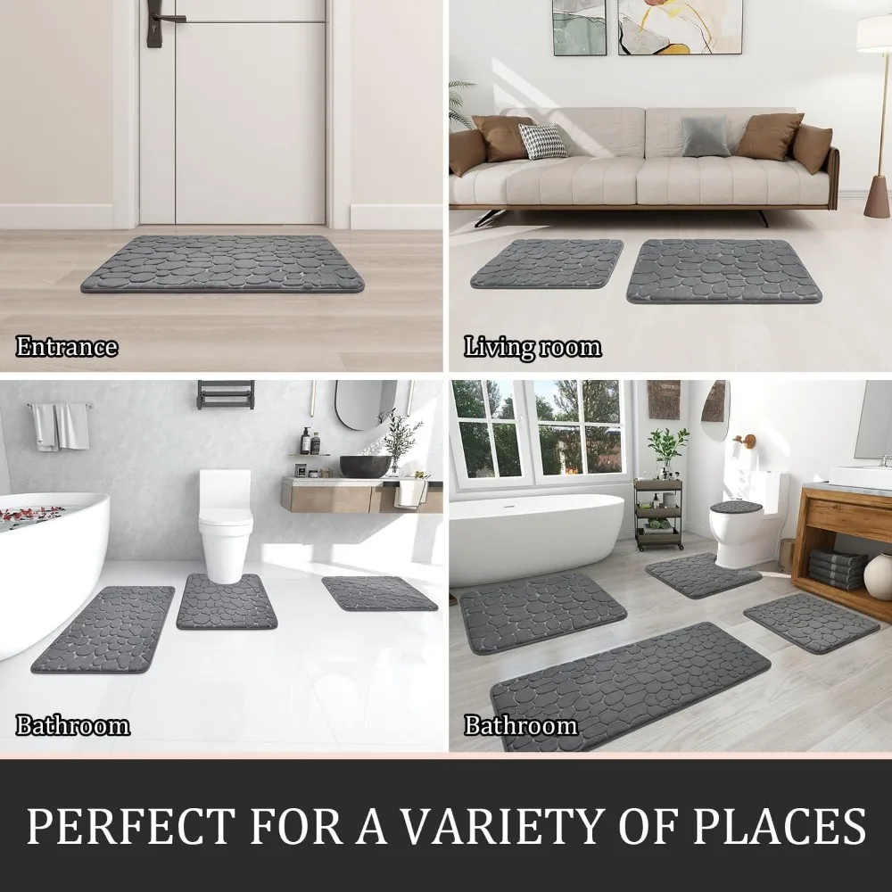 Bathroom Rugs Sets 3 Piece, Cobblestone Memory Foam Bathroom Mats Set Extra Thick, Non Slip Bath Mats for Bathroom, Water Absor