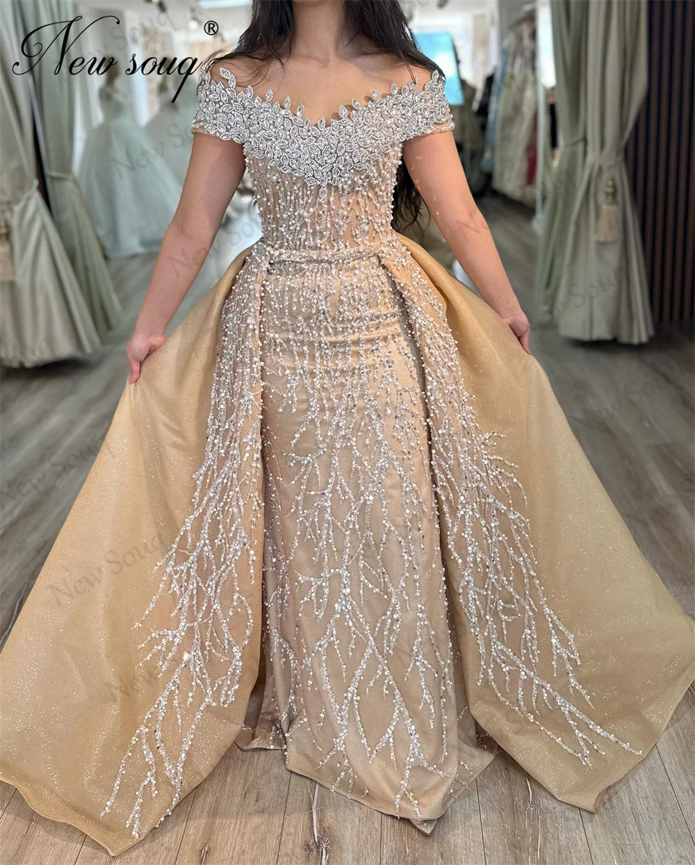 

Champagne Beading Crystals Evening Dresses Off Shoulder Wedding Party Dress Detachable Skirt Arabic Dubai Prom Dress Vestidos