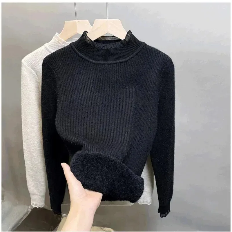 New Fashion Lace Semi-turtleneck Women's Long-sleeved Pullover Sweater Fashion Slim-fitting Knitwear Casual Bottoming Shirt
