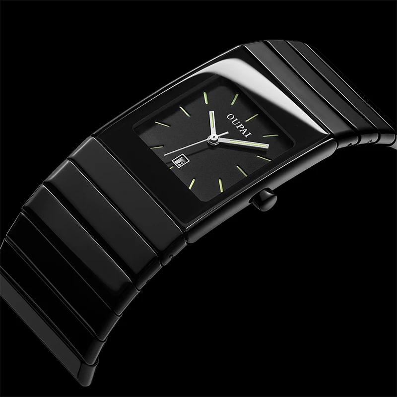 Oupai Square Dial Watch Men's Ceramic Strap 24mm Rectangular Watch Stud Scale Luminous Date Display Simple Casual Fashion Suitab 4