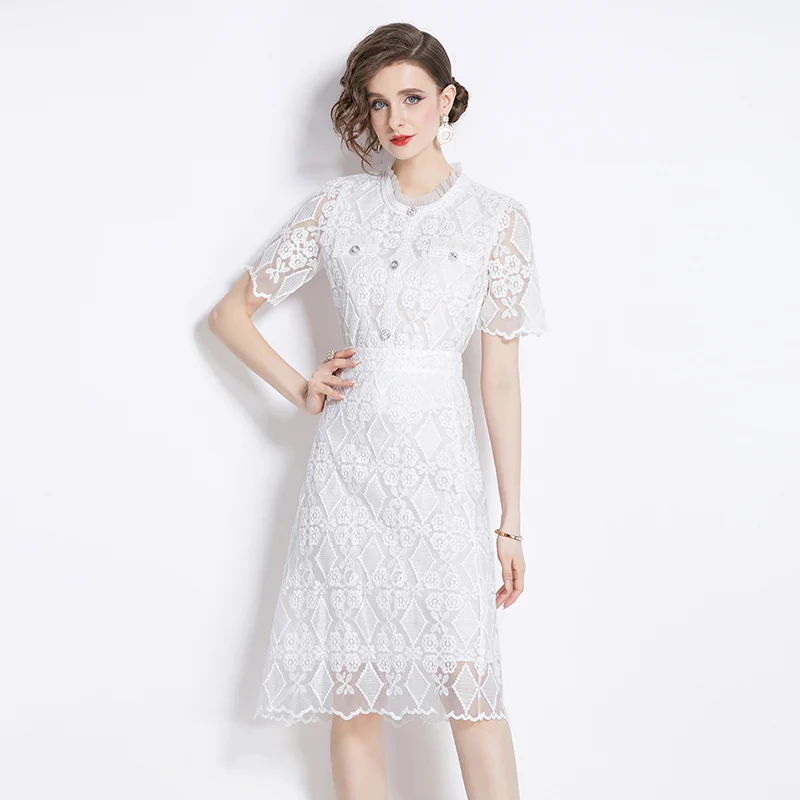 

Женский кружевной костюм из двух предметов, элегантный топ с коротким рукавом и оборками на воротнике и Цветочная вышивка + Юбка-миди Трапеция, лето