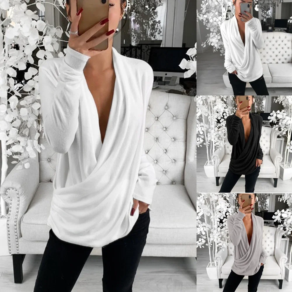 Women V Neck Long Sleeve Pleated Wrap Top