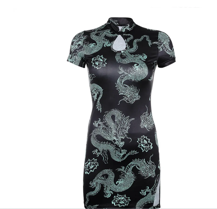 Women Chinese Traditional Dress Split Hem Gothic Dragon Sexy Short Dress Party Hollow Out Vintage Cheongsam Qipao