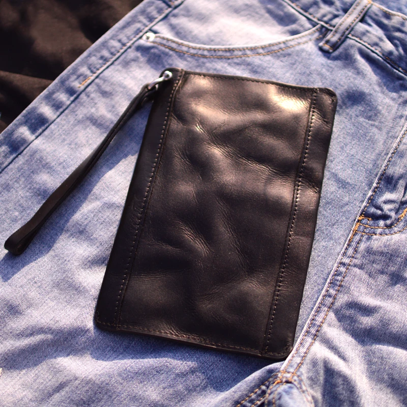 

AETOO Men's long leather multifunctional money clip men's hand bag cowhide youth zipper wallet mobile phone bag