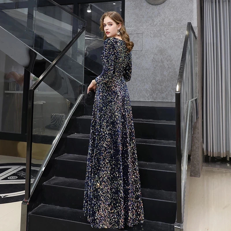 

2023 Long Sleeve Prom Dresses Velvet Sequins Women's Elegant A-Line Landing Formal Party Evening Gowns Vestidos De Noche Robe De