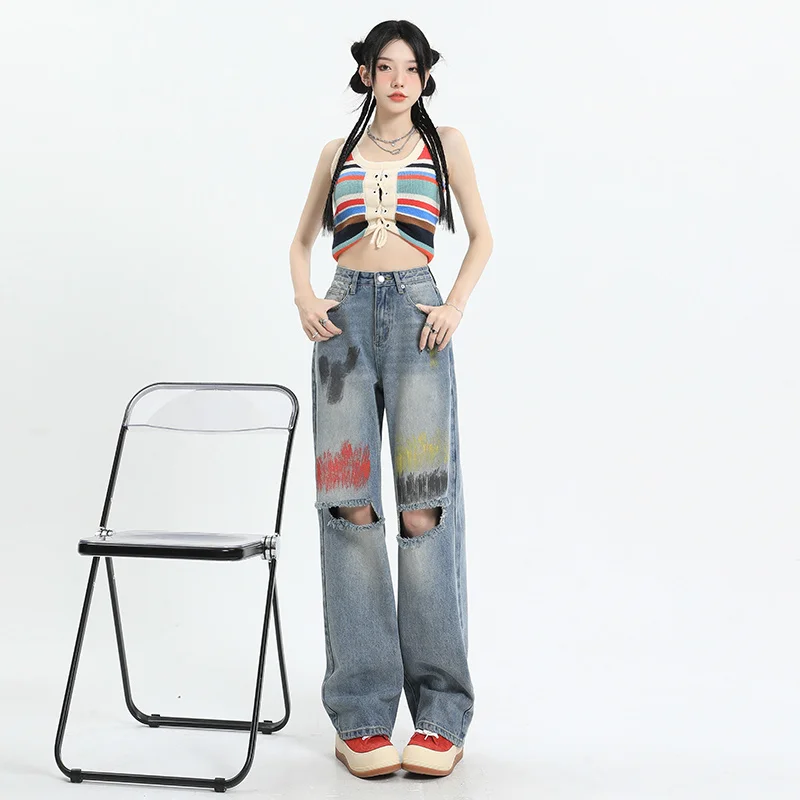 Ink Knee Perforated Straight Jeans Women's Summer Narrow High Waist Slim Loose Design High Street Wide Leg Pants