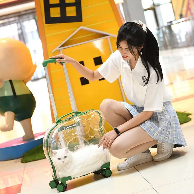 Convenient Travel Pet Suitcase Fashion Transparent Cat Carriers Pull Rod/Dual Shoulder Cat Cage Large Capacity Transport Box