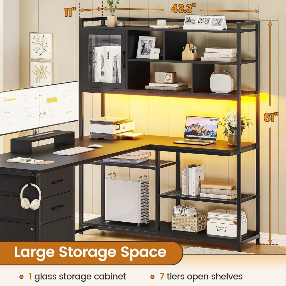 L Shaped Computer Desk, 58'' Office Desk with 3 Drawers and Bookshelf, L Shaped Corner Desk with Storage Shelves and LED Light 5
