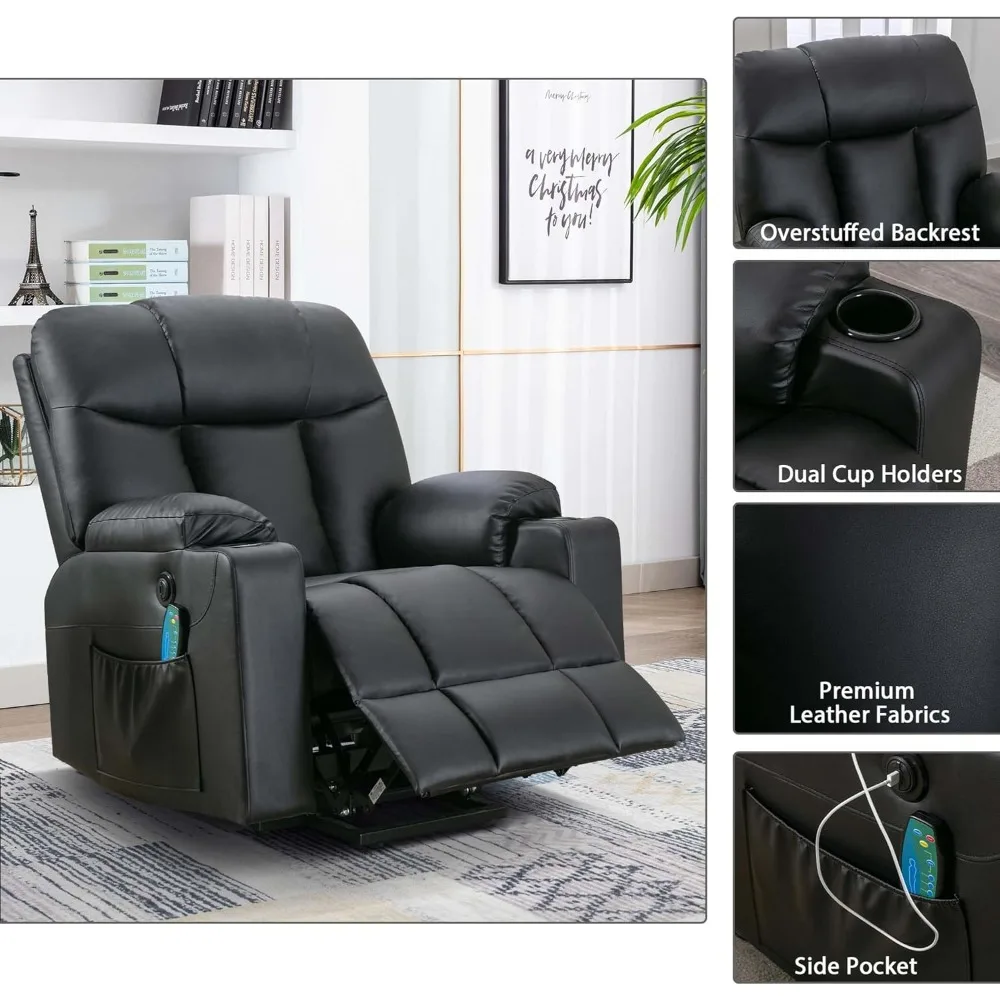 Extra Wide Power Lift Recliner with Heat & Massage, Faux Leather Chair for Elderly Adults, 2 Cup Holders