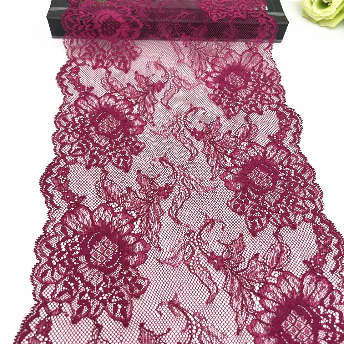 3y/lot Width 9 1/4 inch (23.50cm) Wine Red Elastic Stretch Lace Trim 5