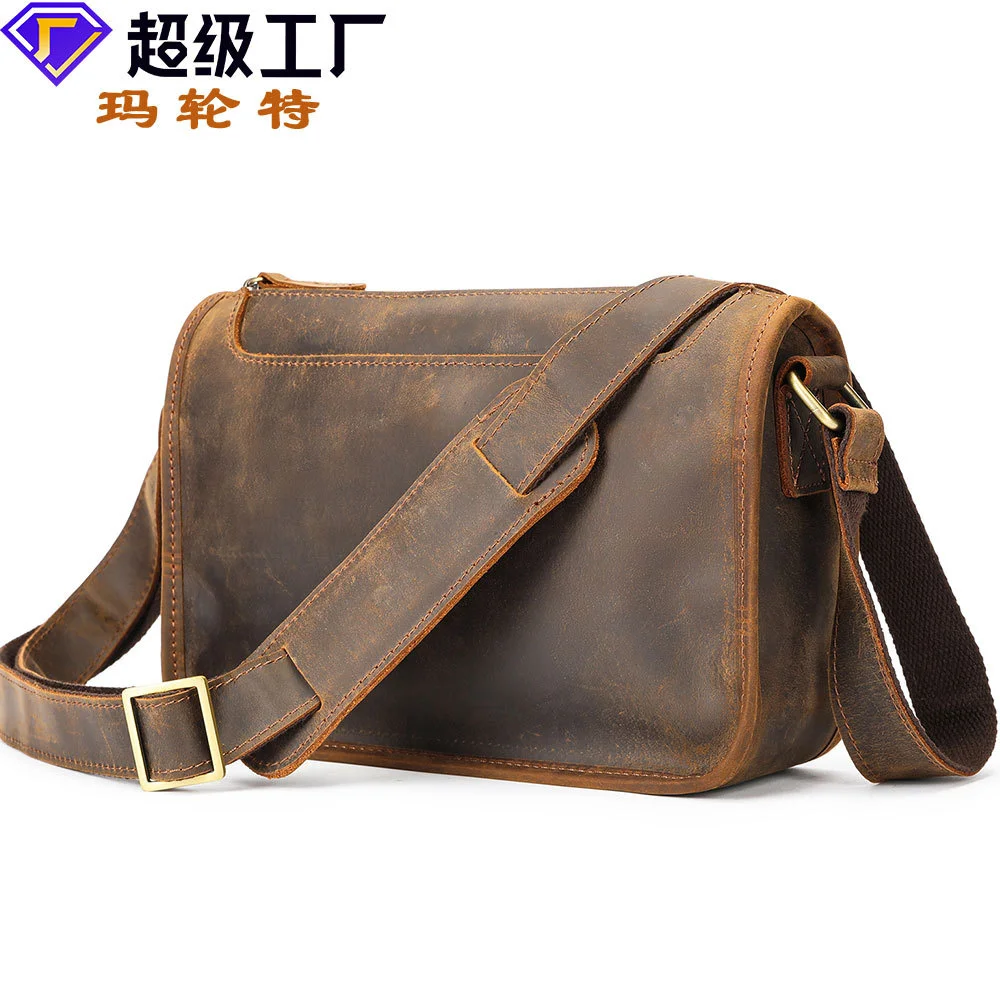 

Single shoulder bag men's top layer cowhide casual handmade leather horizontal diagonal cross mini backpack youth trendy