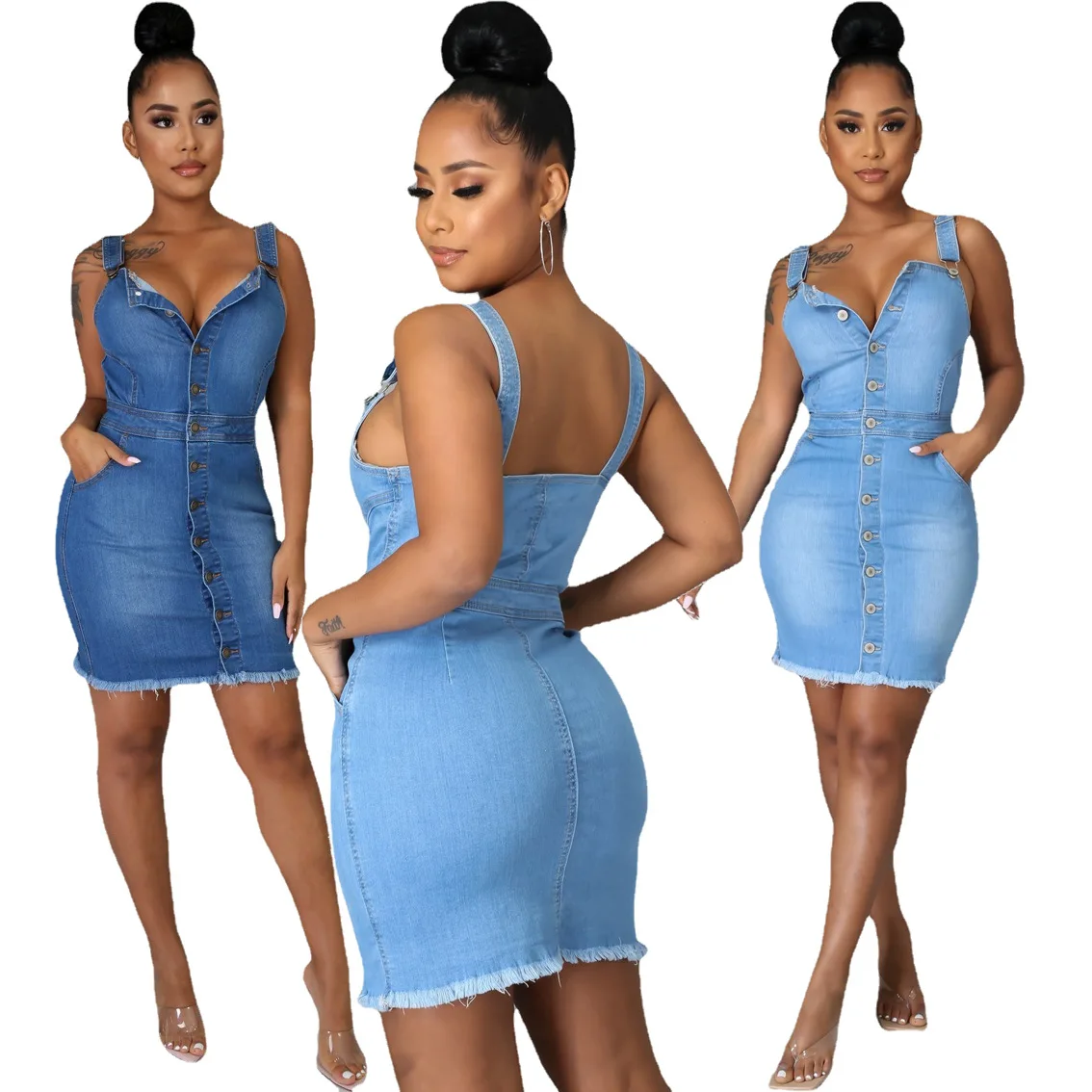 

SKMY New Dresses For Women 2024 Sleeveless Spaghetti Strap Backless Single-Breasted Sexy Night Club Outfits Denim Dress Solid
