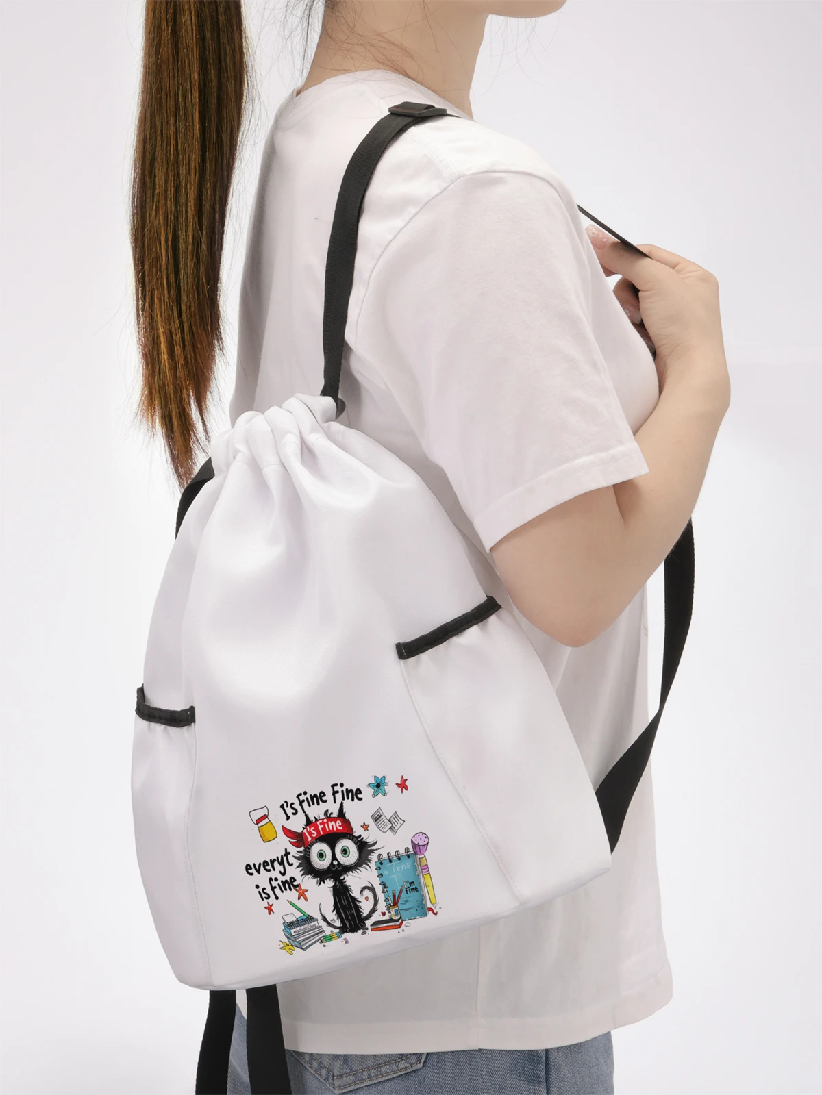 Cat Pattern Printed Drawstring Backpack - Large Capacity Durable Fitness Bag, Sports Beach Backpack