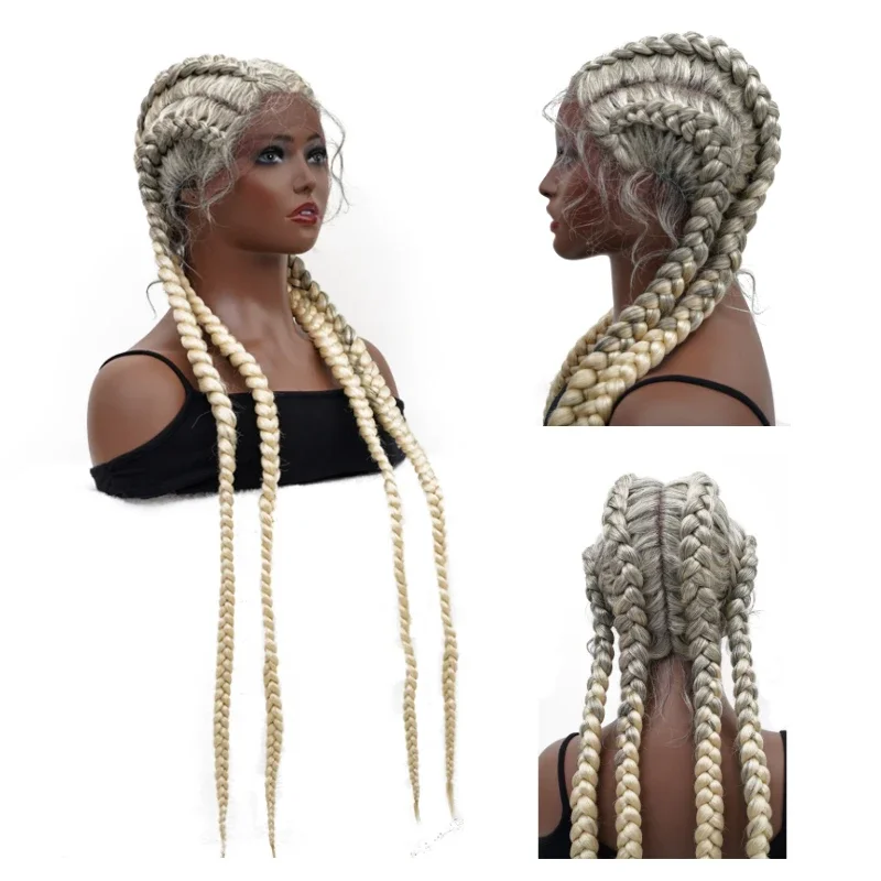 36-inch synthetic lace front wig braided wig lace front Dutch quadruplets Cornrows braid with baby hair for black women.