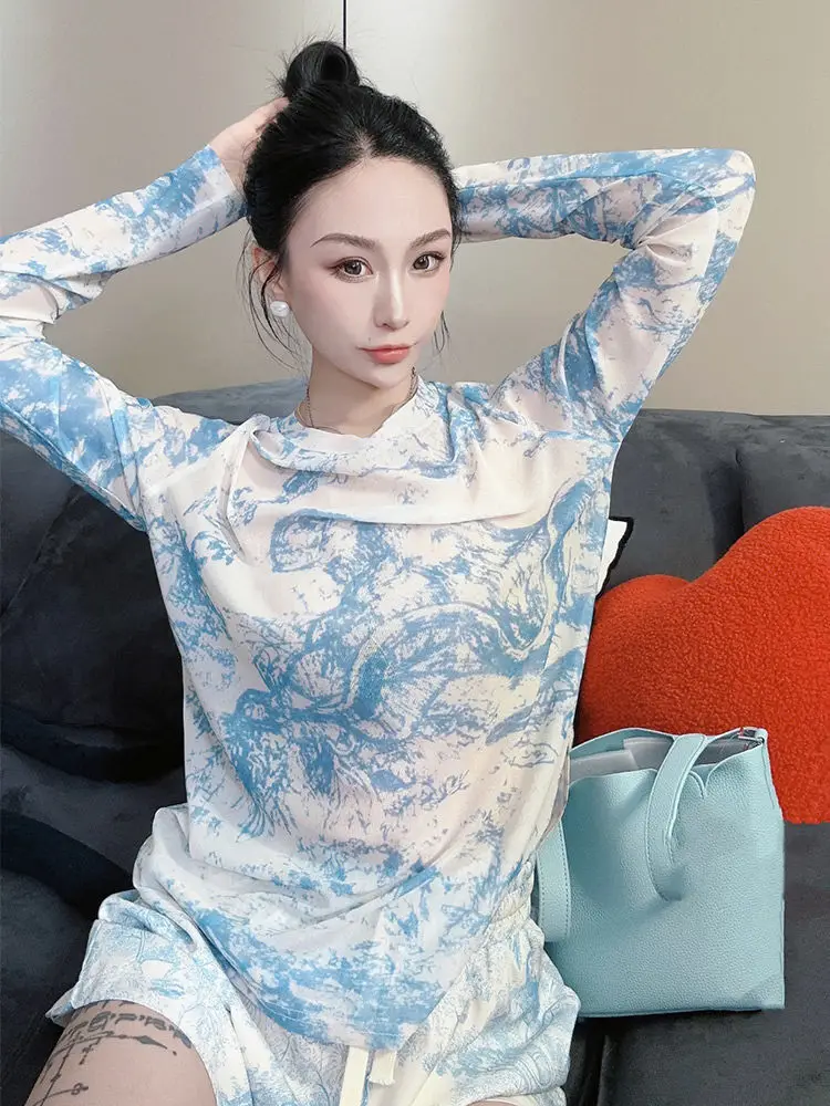 블루 인쇄 스포츠 정장 여성 러닝 세트 여름 느슨한 반팔 티셔츠 탑 반바지 투피스 세트 캐주얼 여성 운동복