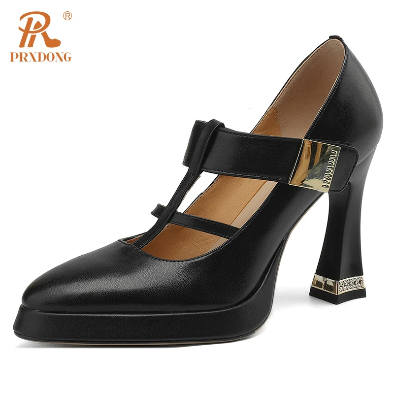 

PRXDONG Genuine Leather Women Pumps High Heels Platform Black Apricot T-strap Dress Party Female Shoes Size 34-39 Spring Summer