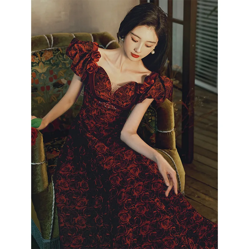 

Женское свадебное платье, Бордовое платье с принтом розы, элегантное формальное платье для выпускного вечера, 2019