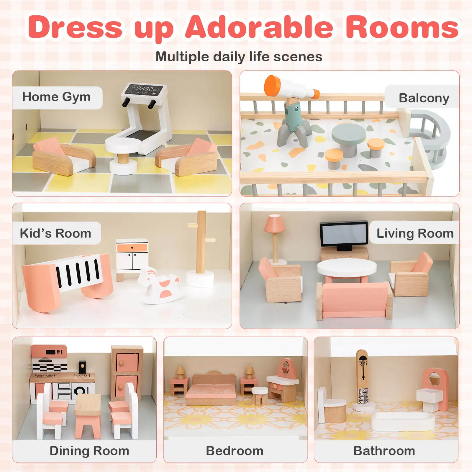 Wooden Corner Dollhouse Playset with 41 Pieces of Furniture and Accessories 5