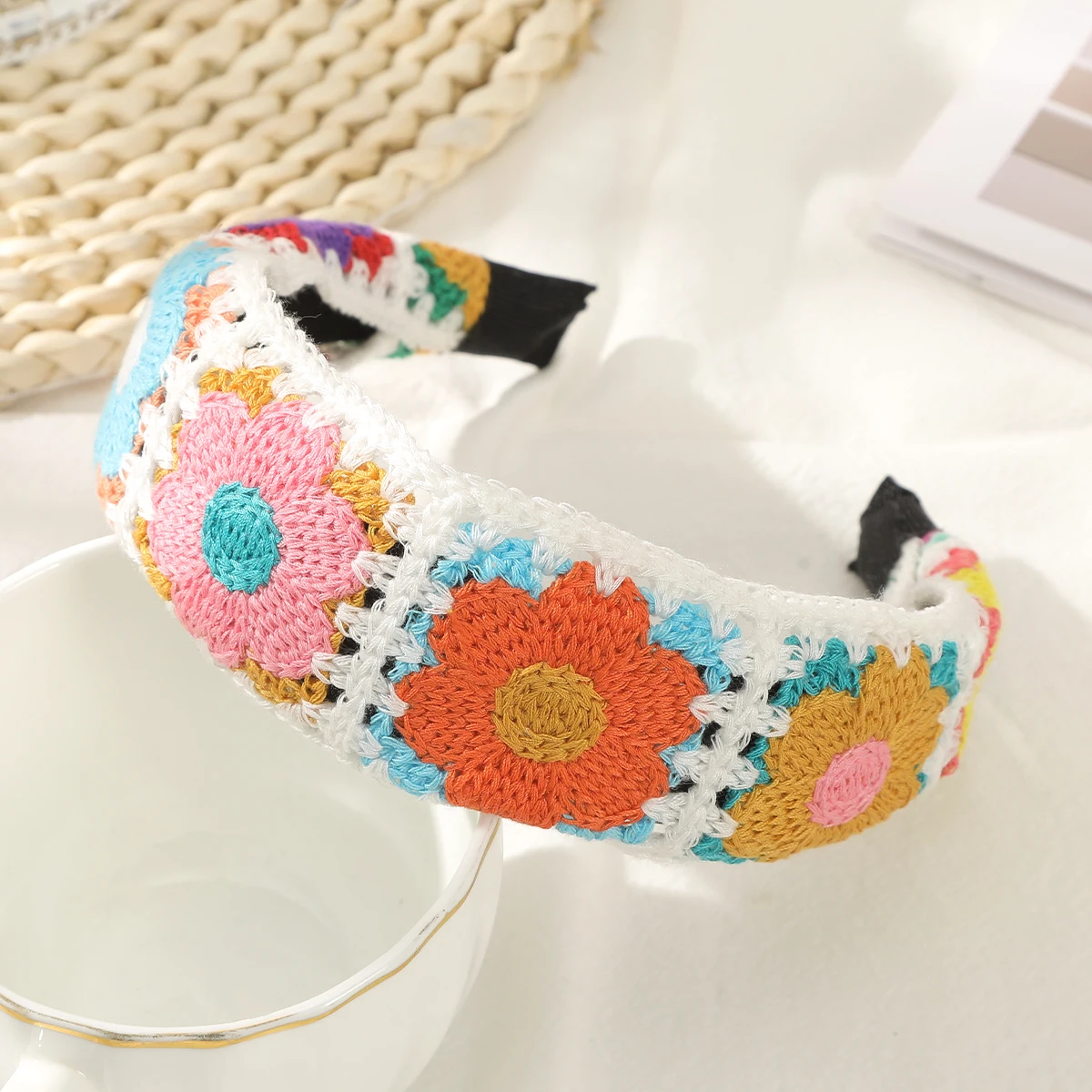 Flower Pink Ethnic Crochet Headband Hair Hoops Women Knitting Hairband Hair Hoop Retro Hair Bands Women Wide Hair Accessories
