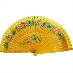 Elegant Wood Handcrafted Spanish Folding Fan - Decorative Dance and Gift Accessory (Yellow)