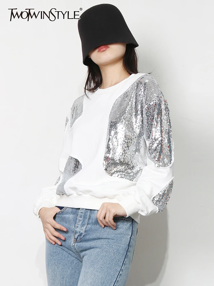 

TWOTWINSTYLE Patchwork Sequins Loose Sweatshirt Female Round Neck Long Sleeve Fashion Casual Sweatshirt For Women Fashion 2022