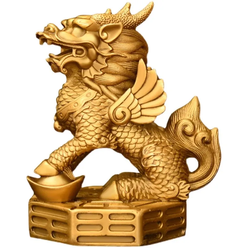 Pair of Chinese Qilin Statues (Auspicious Kirin) - Solid Brass Mythical Creature Sculpture with Coin Design, Feng Shui  Decor