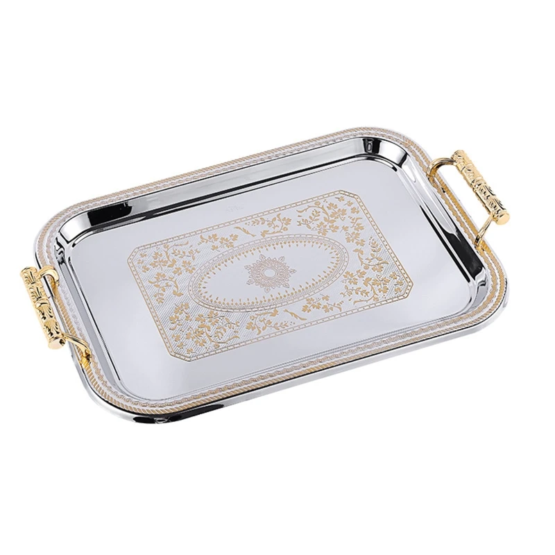 Nordic Stainless Steel Serving Tray with Handles Elegant Rectangular Coffee Bar Holder Dessert Display Plate Decor 5