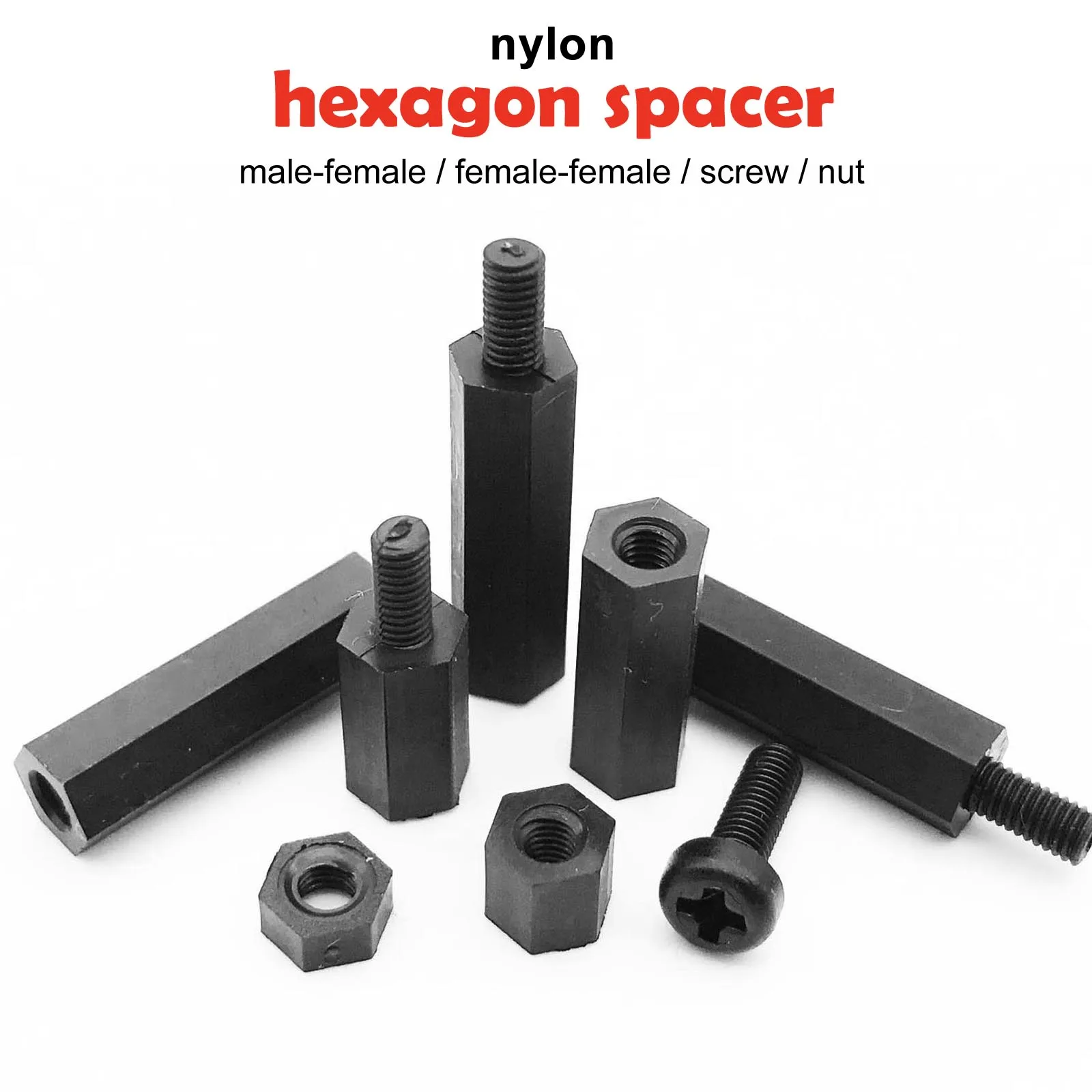 Black Plastic Nylon Standoff M3 M3x5/10/20/25/30+6mm Hex Column Support Male-Female Female Spacer Phillips Head Screw Bolt 50pcs