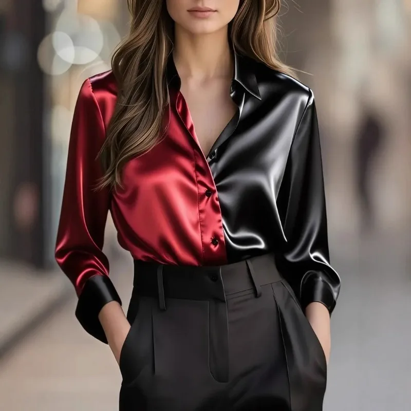 New Spring and Autumn Fashion Women's Lapel Color Matching Cardigan Long-sleeved Shirt Elegant Single-breasted Satin Blouse Top