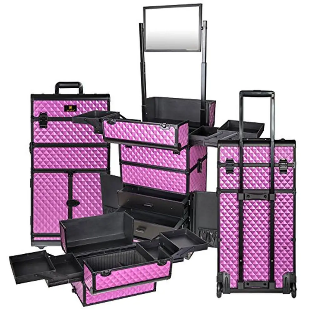 Professional Makeup Artists Rolling Train Case Charming Violet 30 inch ABS Aluminum Trolley Large Drawers Cosmetic Brush Holders 3