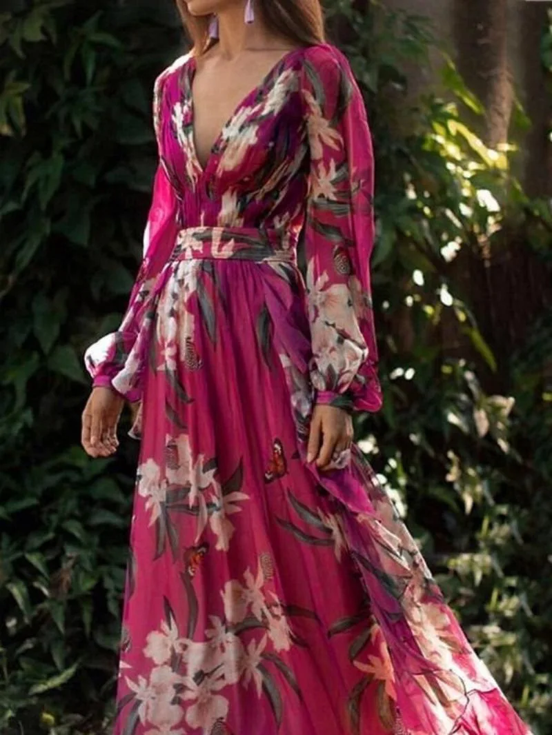 

Purple Printing Maxi Brithday Dresses For Women 2023 New in Elegant A-Line V Neck Long Sleeves Swing Vacation Beach Party Dress