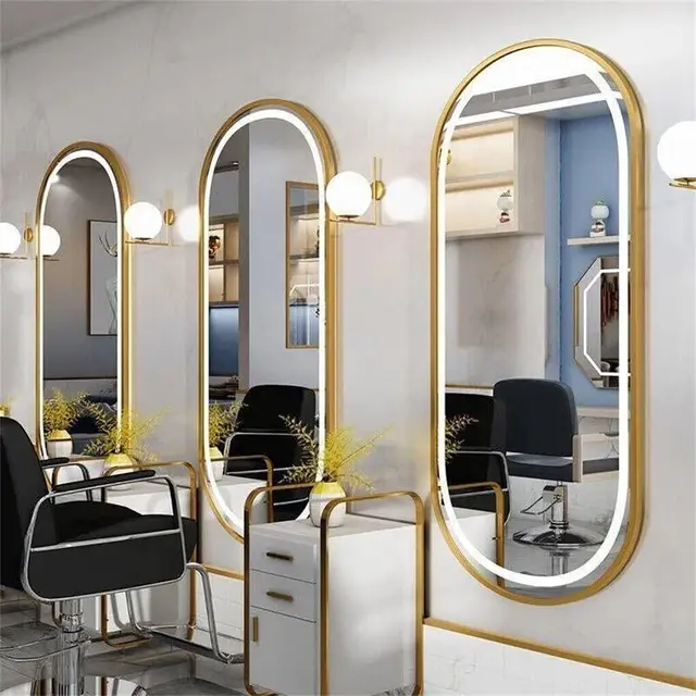 LUVODI Specchio da bagno illuminato a LED ovale di lusso con cornice in alluminio dorato con tappetino disappannante 2