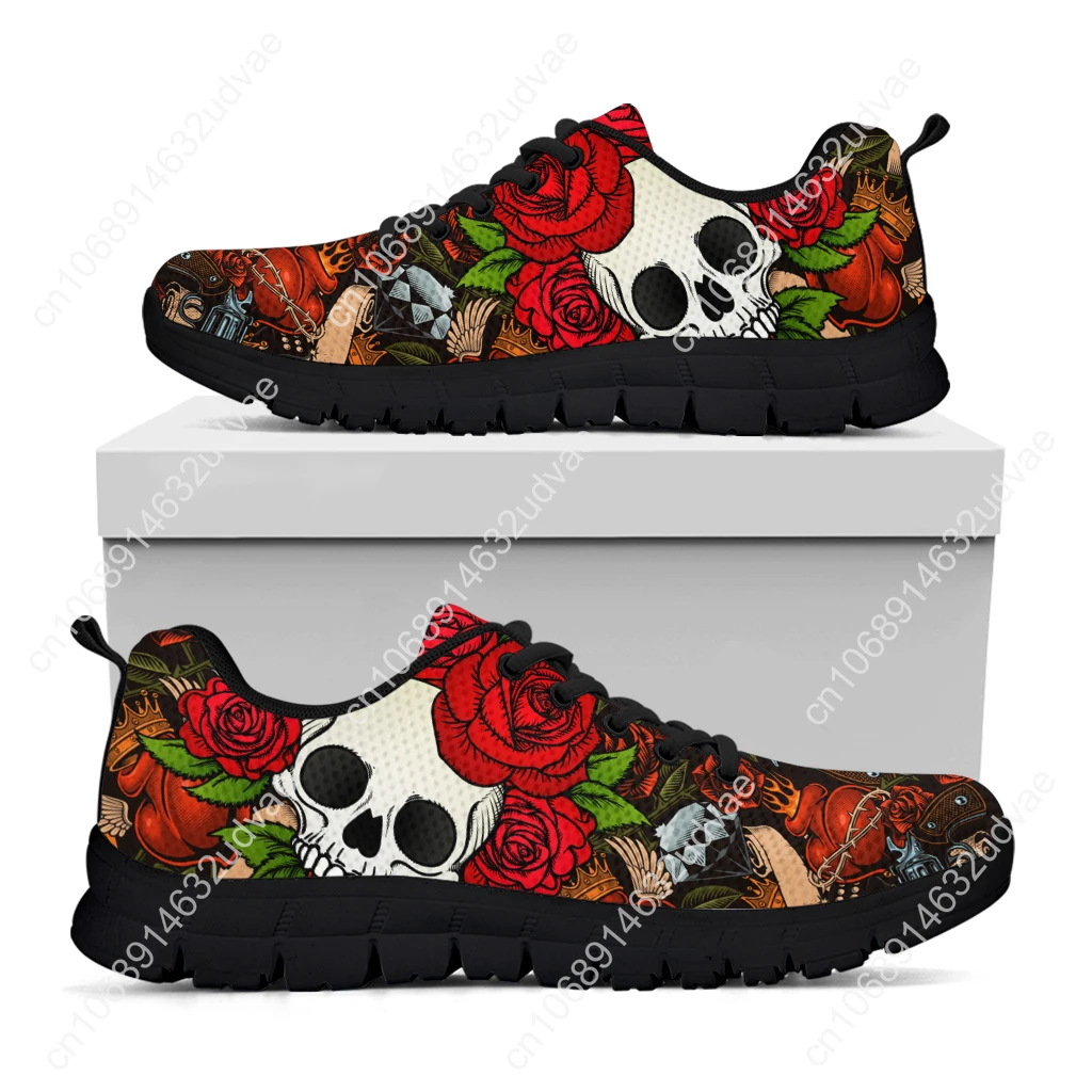 3D Rose Skull Casual Sneakers For Women Sunflower Skull Walking Shoes Flower Print Breathable Tennis Shoes Zapatos