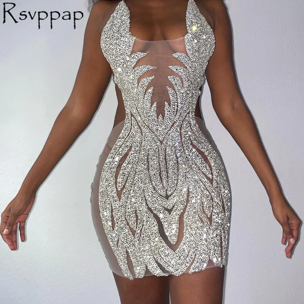 

Short Prom Dresses 2023 Sexy See Through Heavy Beaded Sparkly Crystal Backless African Women Birthday Party Cocktail Gowns