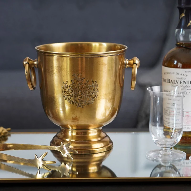Hand Carved Brass Ice Wine Bucket Cooler Whiskey Wine Holder Retro Luxury Home Bar Barrel Copper Carving Whiskey Barrel