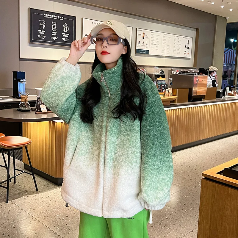 

Gradient Color Faux Particle Sheep Shearing Cashmere Fur Coat Autumn Winter Women Casual Stand Collar Long Sleeve Lambswool Coat