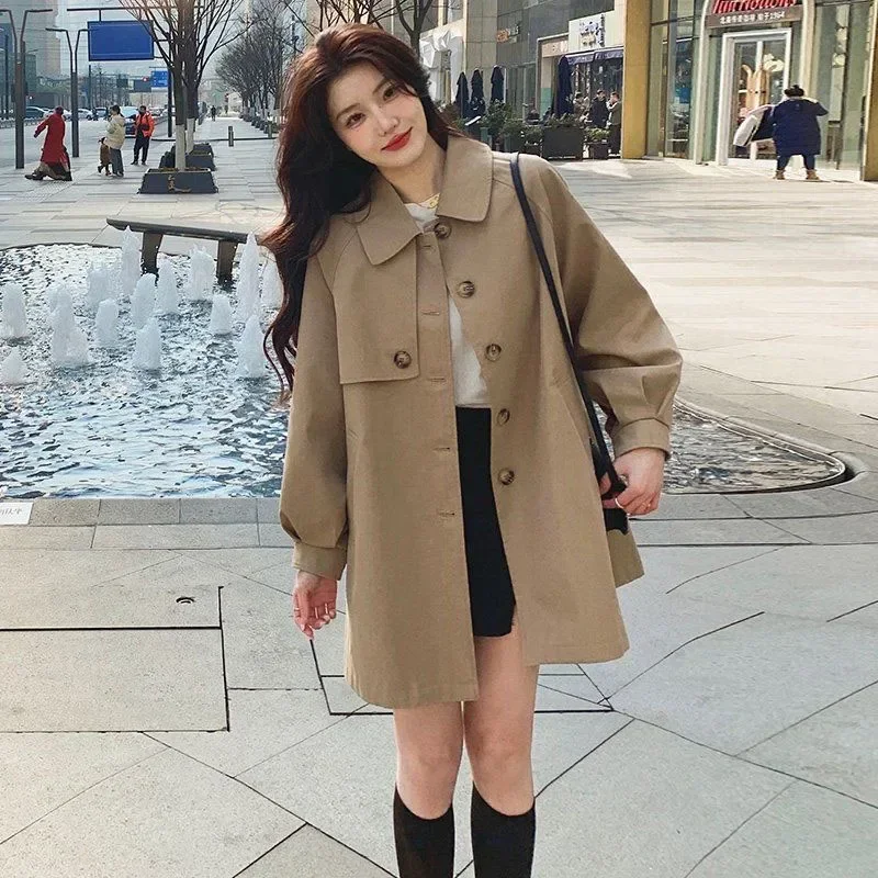 

Trench Women Classic Khaki Casual Loose Coats Korean Fashion Elegant Mid-Length Windbreake Autumn Winter Ladies Solid Jacket