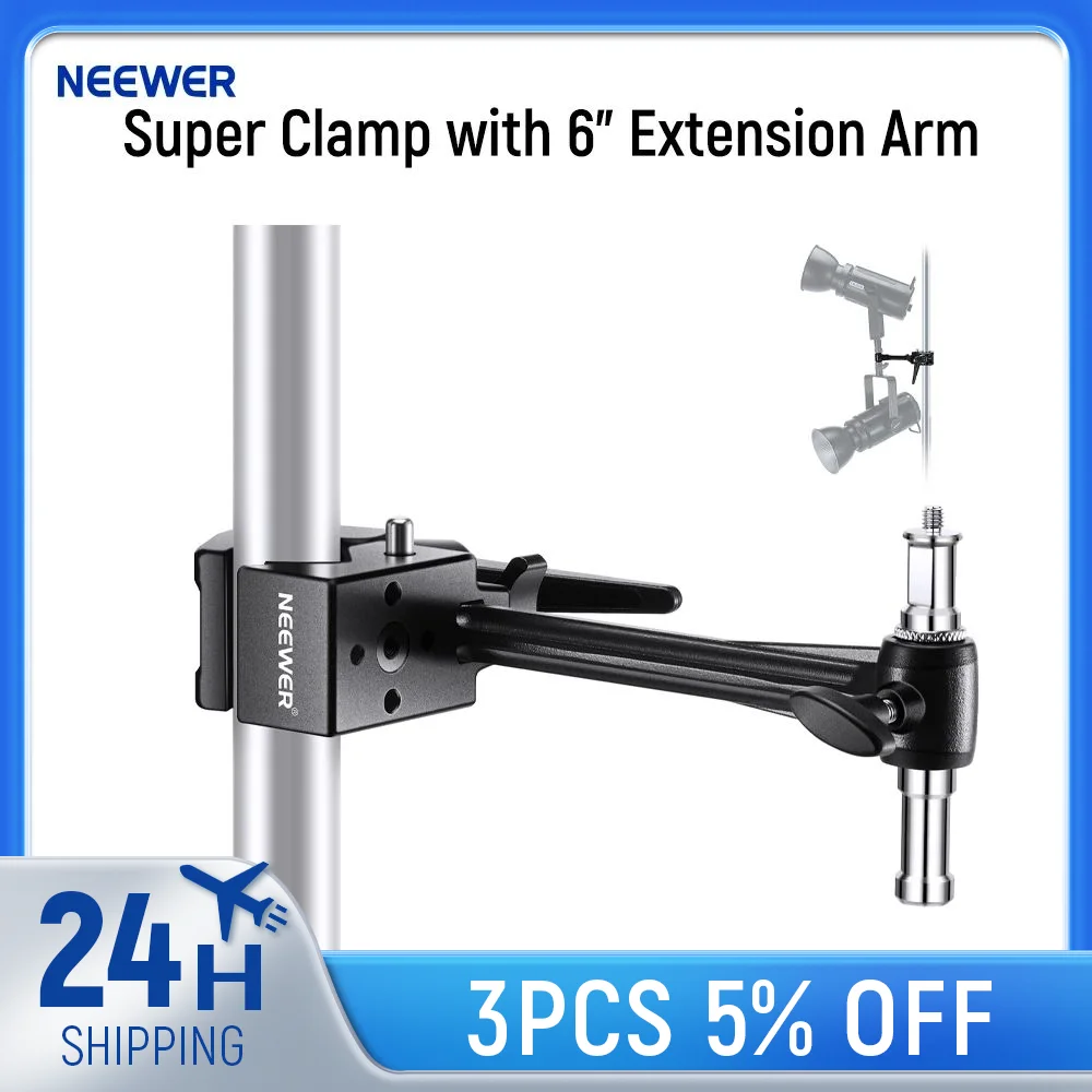 NEEWER Super Clamp with 6" Extension Arm, 5/8" Stud, 2.4" Jaw Grip Heavy Duty Crab Pole Clamp for Round Pipe Flat Surface