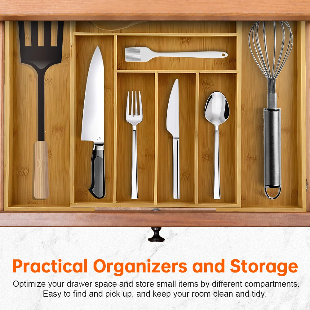 Multifunctional Expandable Kitchen Drawer Organizer for Utensils Cutlery Flatware Bamboo Silverware Tray