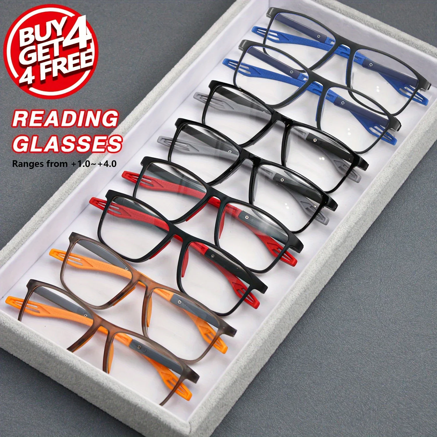 8 Stück Sport-Presbyopie-Brille, rutschfest, Spiegelbein-Design, universelle Lesebrille, geeignet für Männer und Frauen mittleren Alters