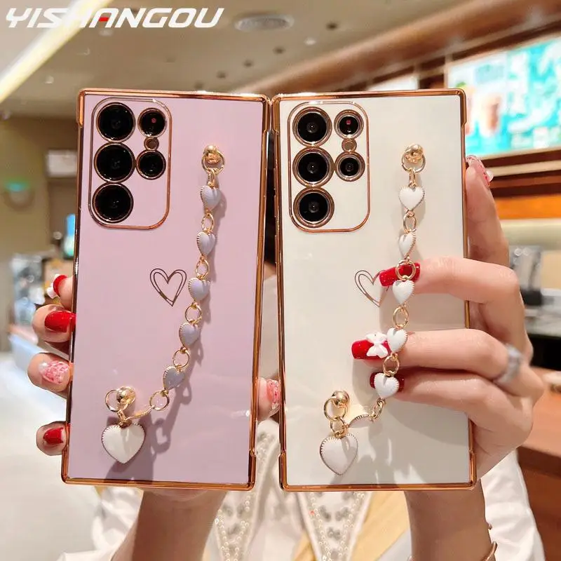 Luxury Plating Case For Samsung Galaxy S22 Ultra S21 S20 FE A52 A53 S22 S21 Plus A13 5G A12 Love Heart Side Pattern Phone Cover samsung galaxy s22 ultra case