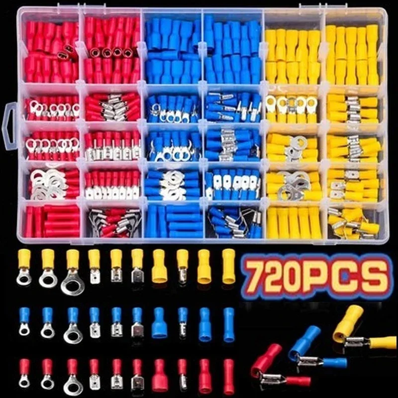 Kit Surtido de Terminales de Cable de 280/480/720 Piezas, Conectores de Cable Eléctrico Aislados, Terminales Planos Hembra y Macho para Crimpado